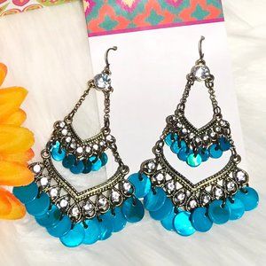 Boho Earrings Rhinestone Fringe Dangles Turquoise